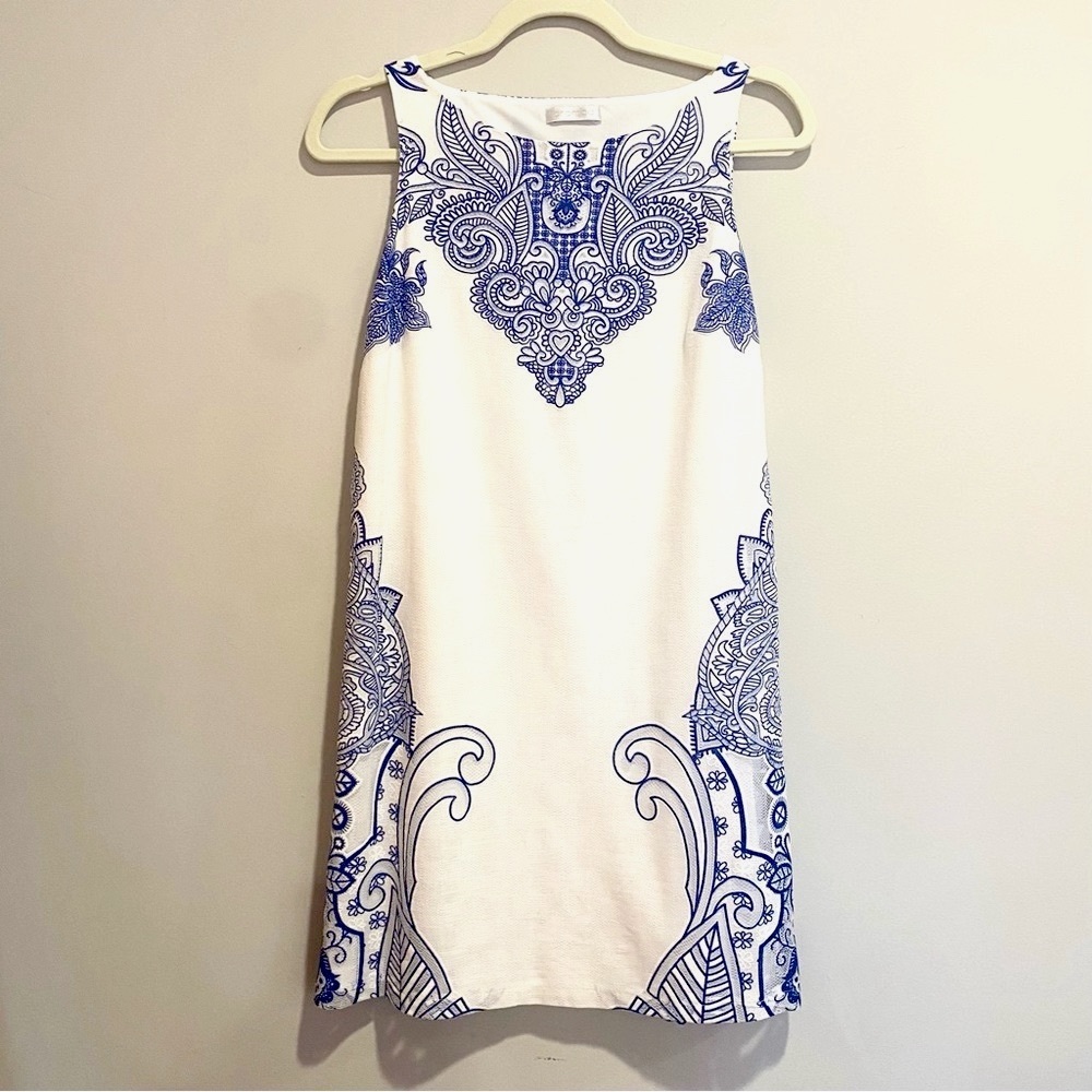 Promod French boutique white summer shift dress with blue embroidery